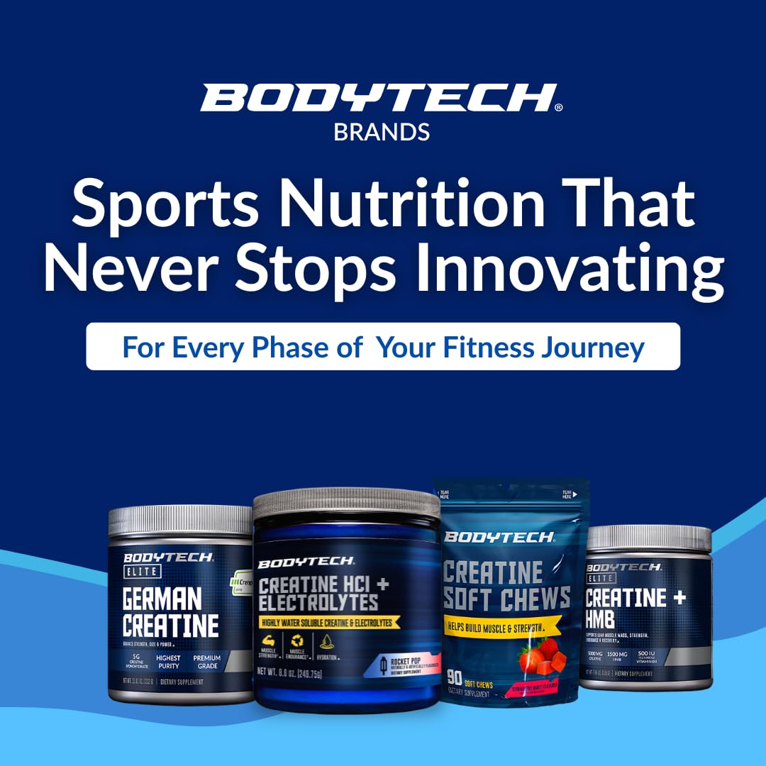 Pot de créatine HCl BodyTech avec des électrolytes sur une table de gym