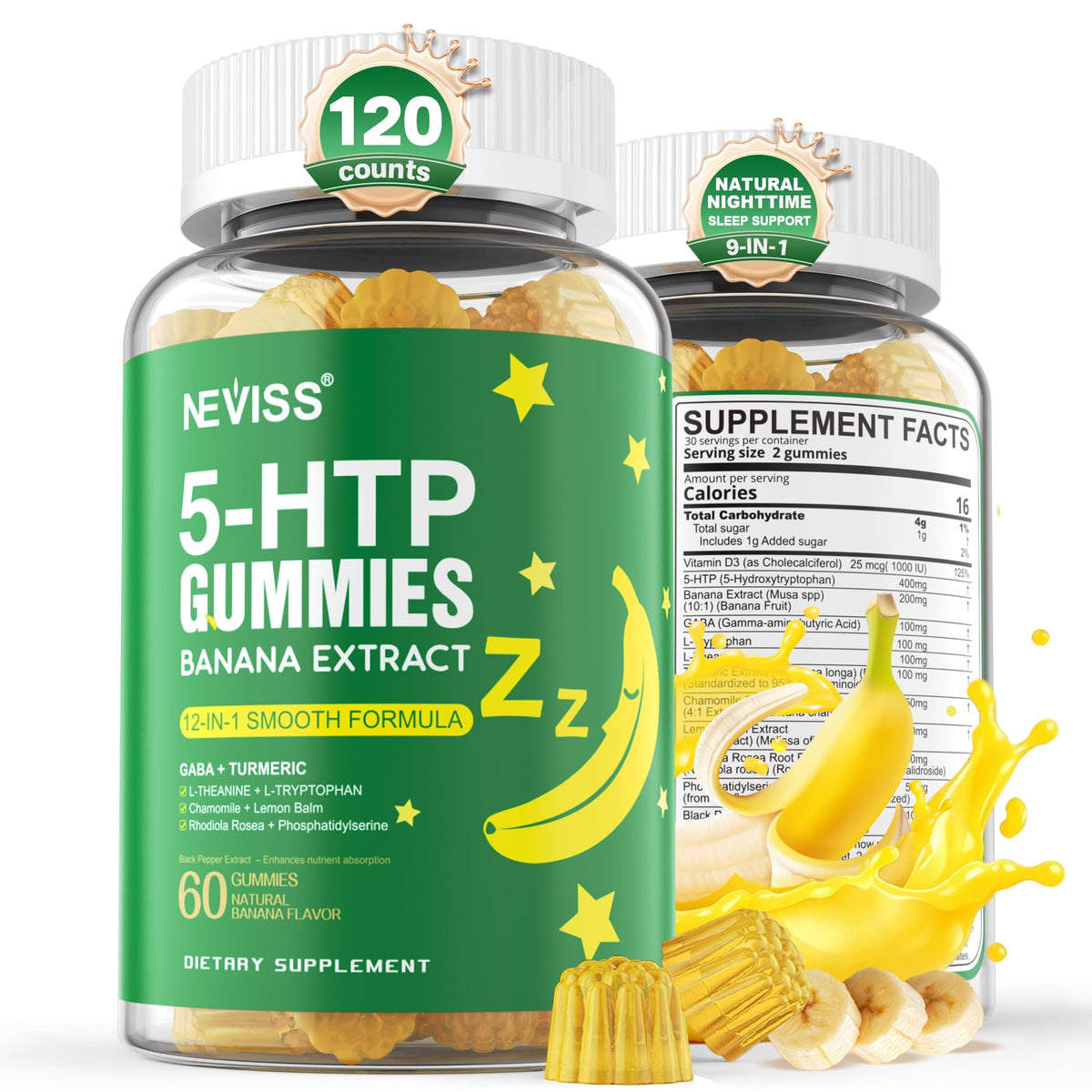 Pot de gummies 5-HTP 400mg NEVISS avec extrait de banane, vue de face