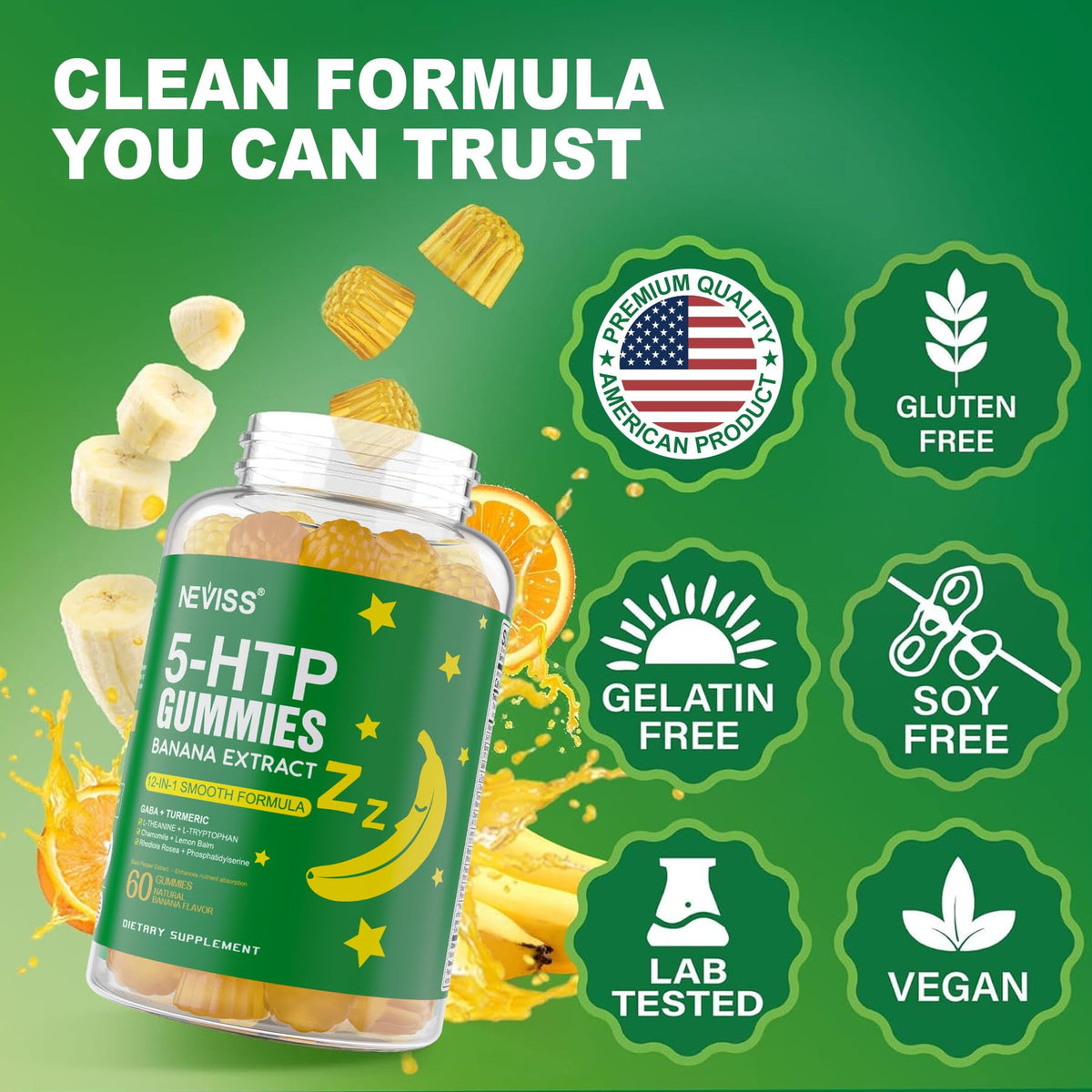 Pot de gummies 5-HTP NEVISS sur une table avec éclairage doux
