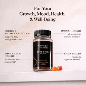 Pot de gummies Black Girl Vitamins avec étiquette et informations nutritionnelles