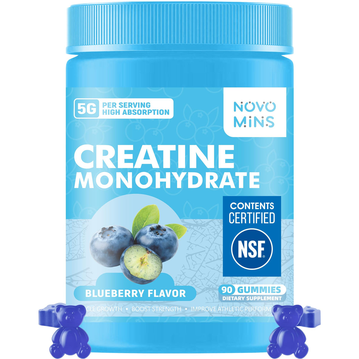 Pot de gummies créatine monohydrate Novomins 5000mg, 90 unités, saveur myrtille
