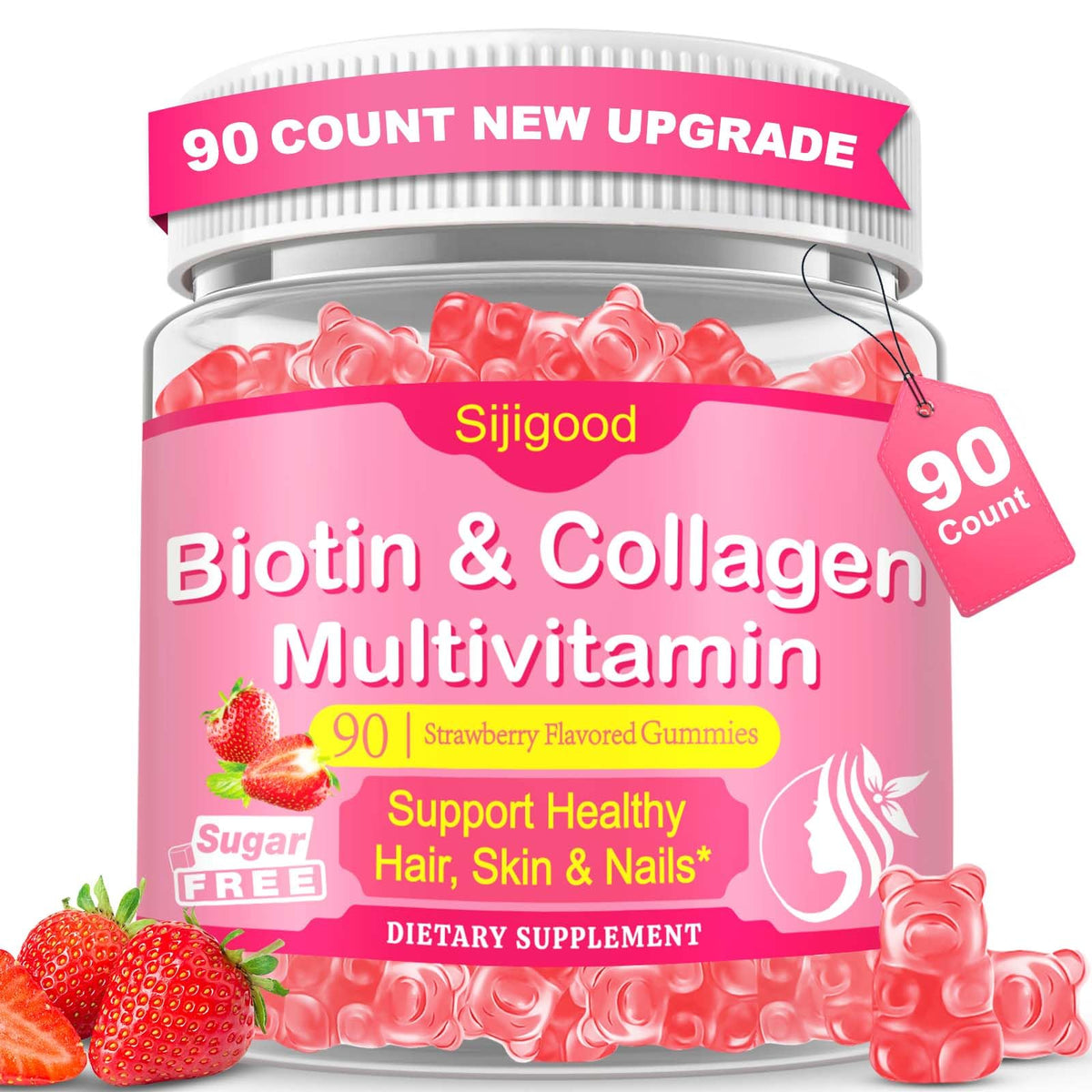 Pot de gummies de collagène Sijigood 90 comprimés avec couvercle ouvert