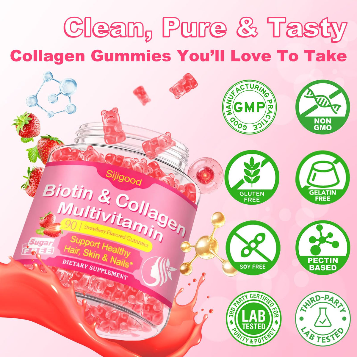 Pot de gummies de collagène Sijigood avec étiquette visible