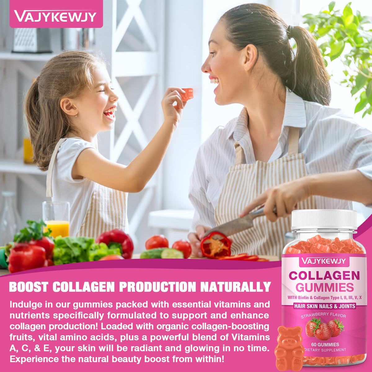 Pot de gummies de collagène vegan ouvert avec gummies visibles