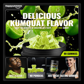 Pot de gummies de créatine monohydrate Happyummmm nutrition, étiquette visible