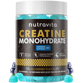 Pot de gummies de créatine monohydrate Nutravita, vue avant avec étiquette