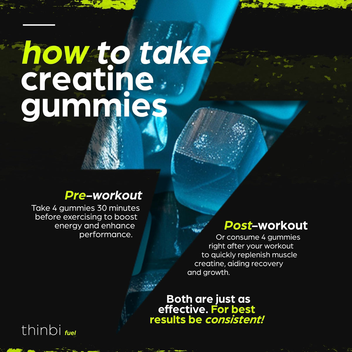 Pot de gummies de créatine Thinbi avec étiquette visible