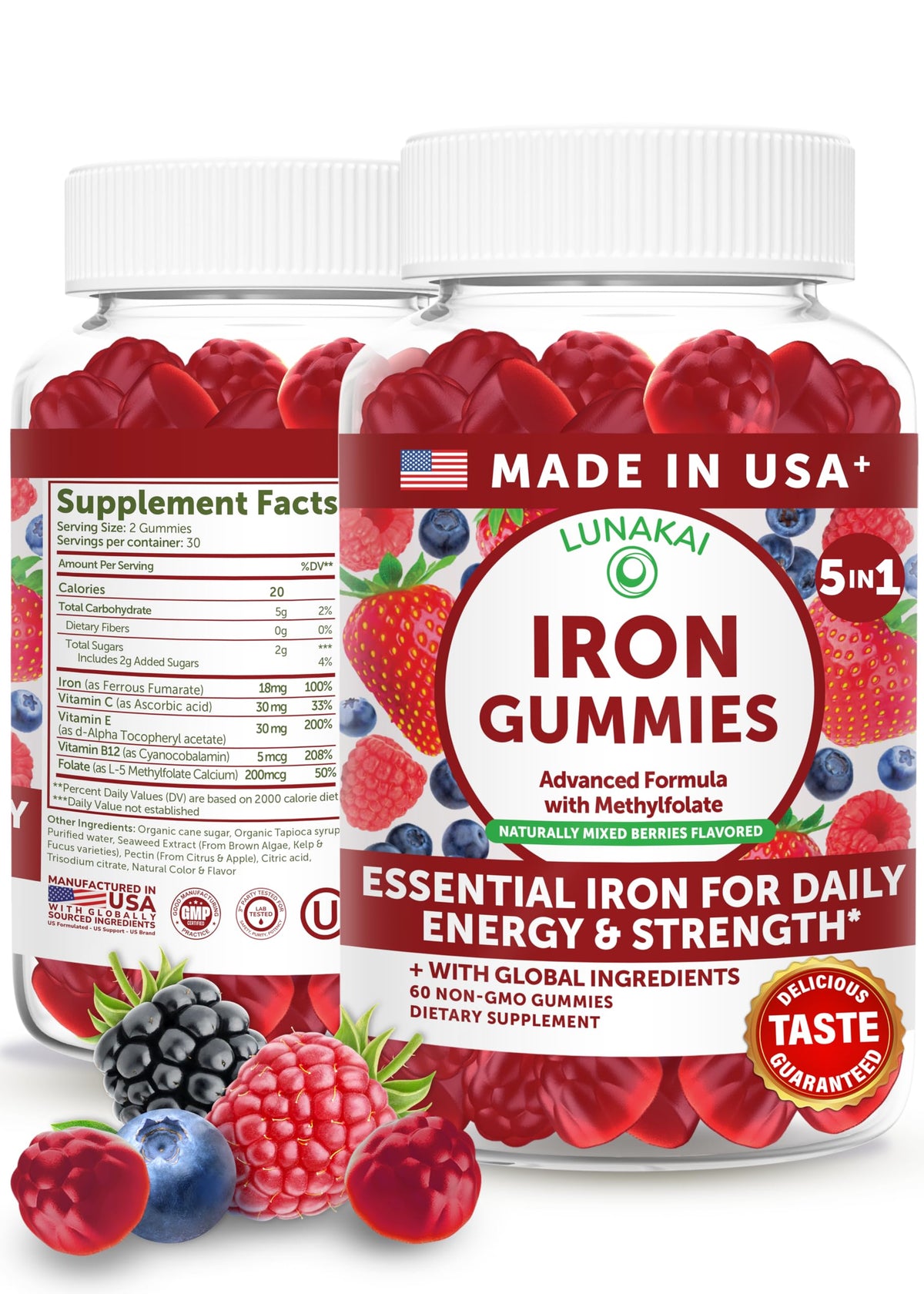 Pot de gummies de fer Lunakai 5-en-1 avec étiquette nutritionnelle