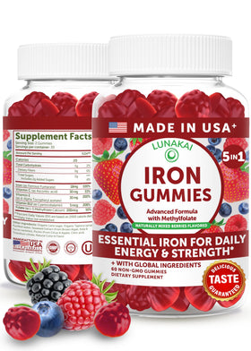 Pot de gummies de fer Lunakai 5-en-1 avec étiquette nutritionnelle
