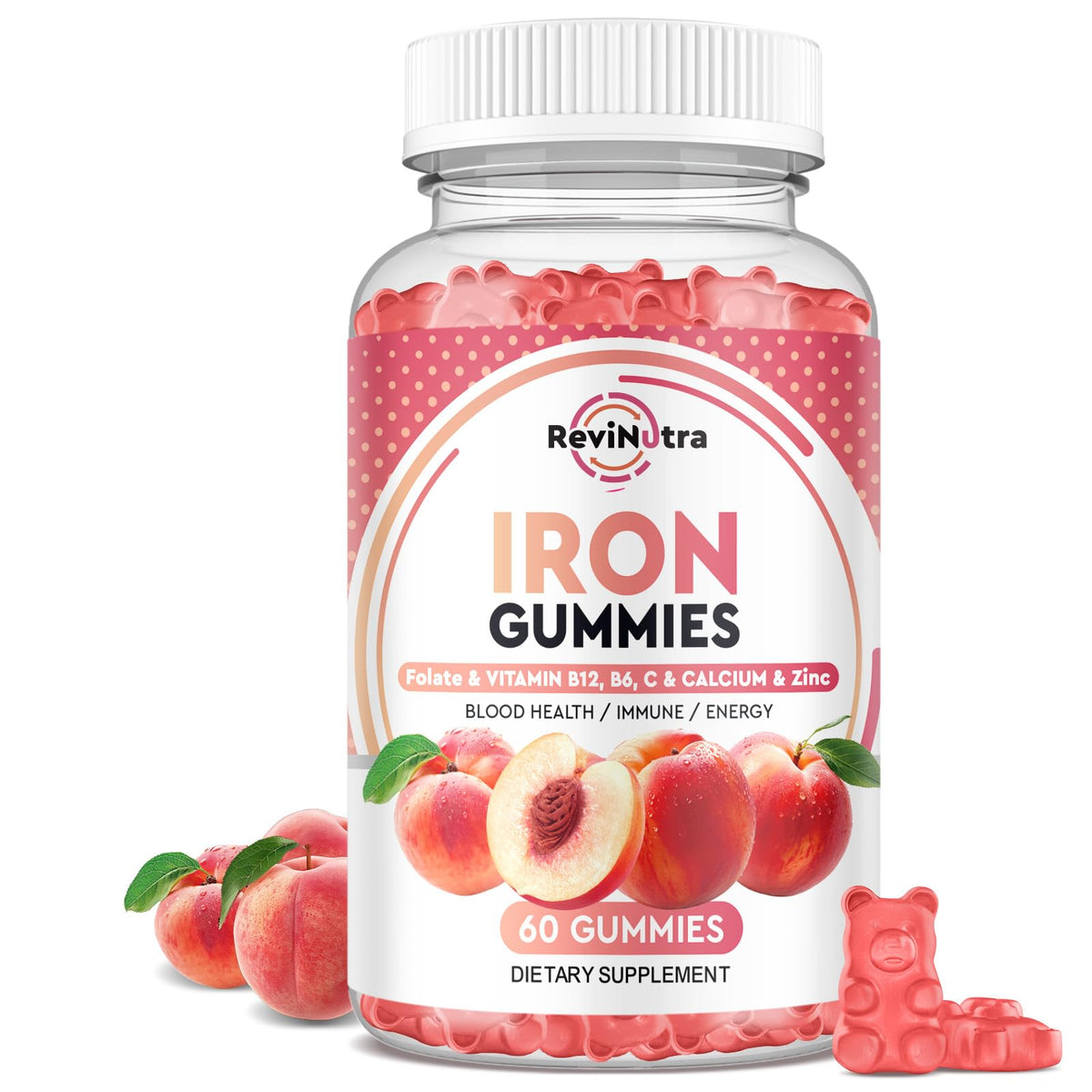 Pot de gummies de fer ReviNutra avec 60 gummies au goût pêche