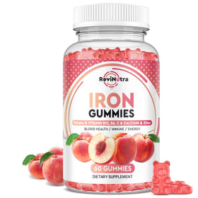 Pot de gummies de fer ReviNutra avec 60 gummies au goût pêche