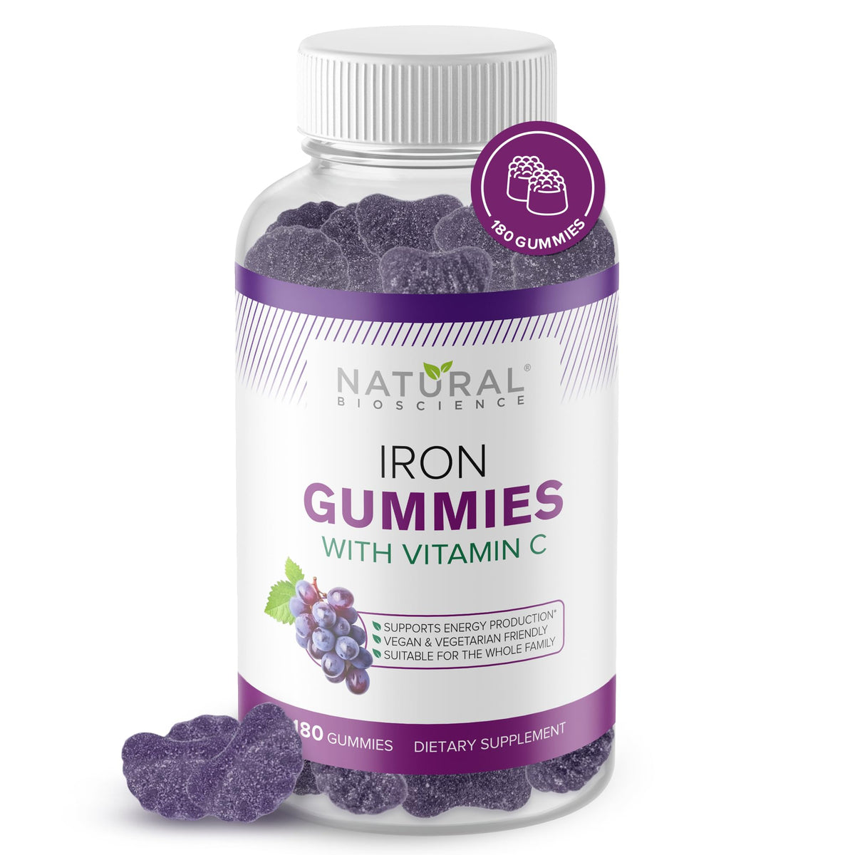 Pot de gummies de fer vegan Natural BioScience 180 unités saveur raisin