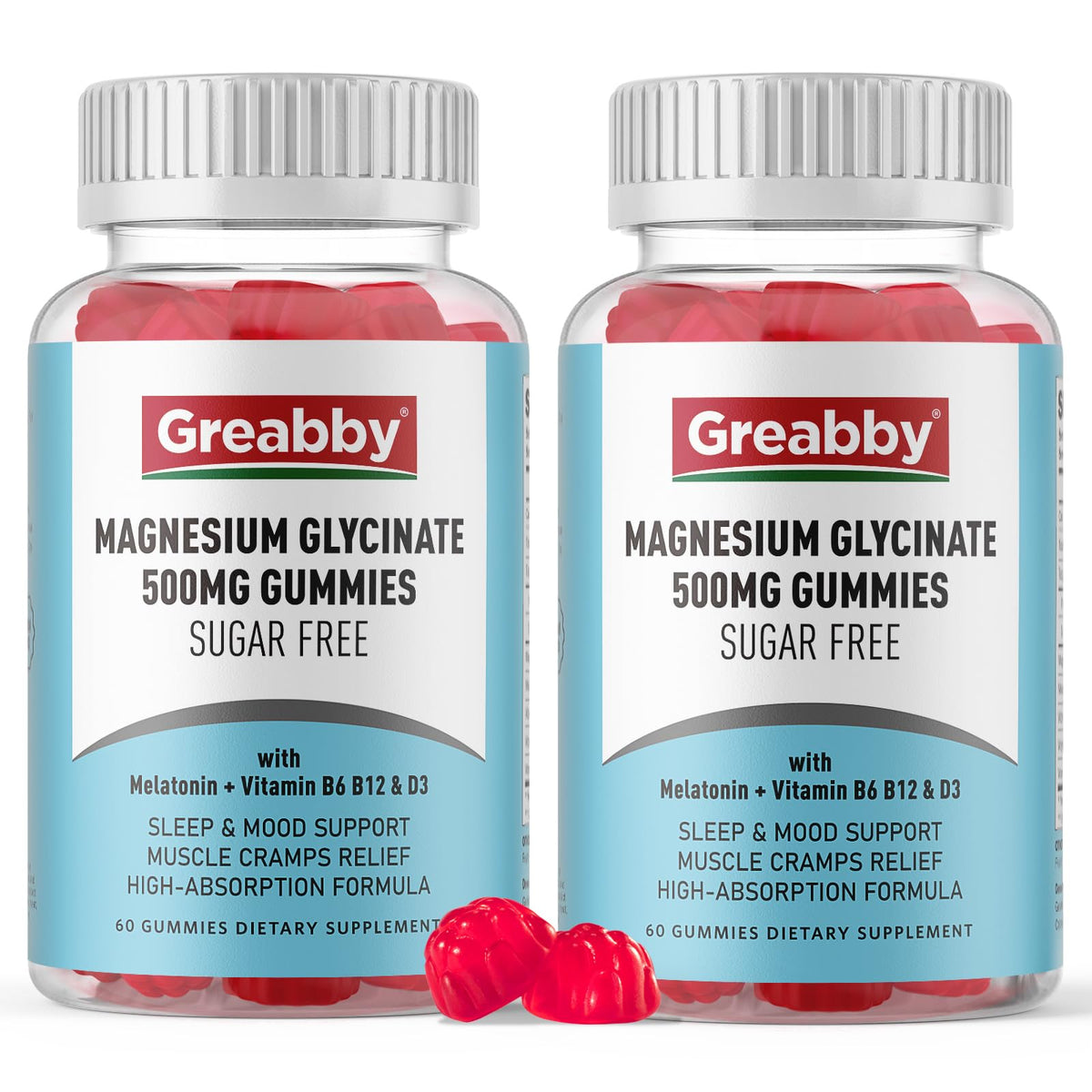 Pot de gummies de glycinate de magnésium GREABBY 500mg, 120 unités