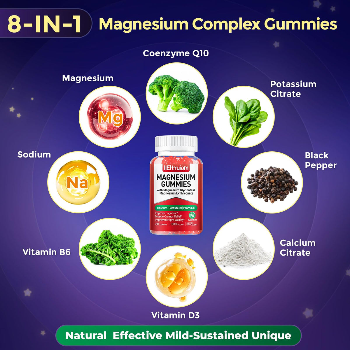 Pot de gummies de magnésium IIEltruiom avec étiquette et ingrédients