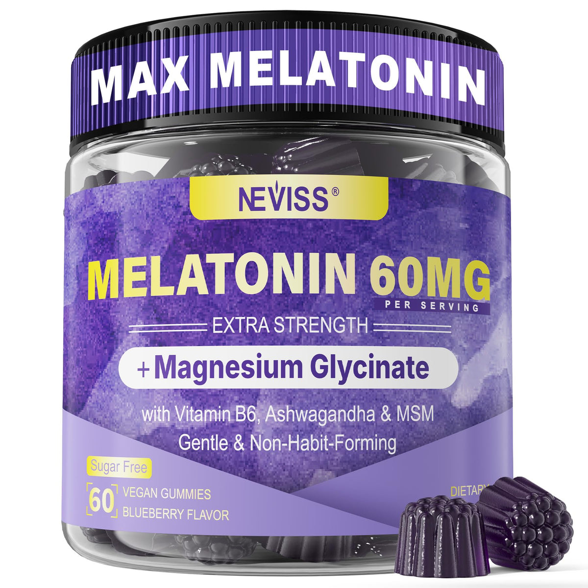 Pot de gummies de mélatonine NEVISS 60mg, 60 Ct