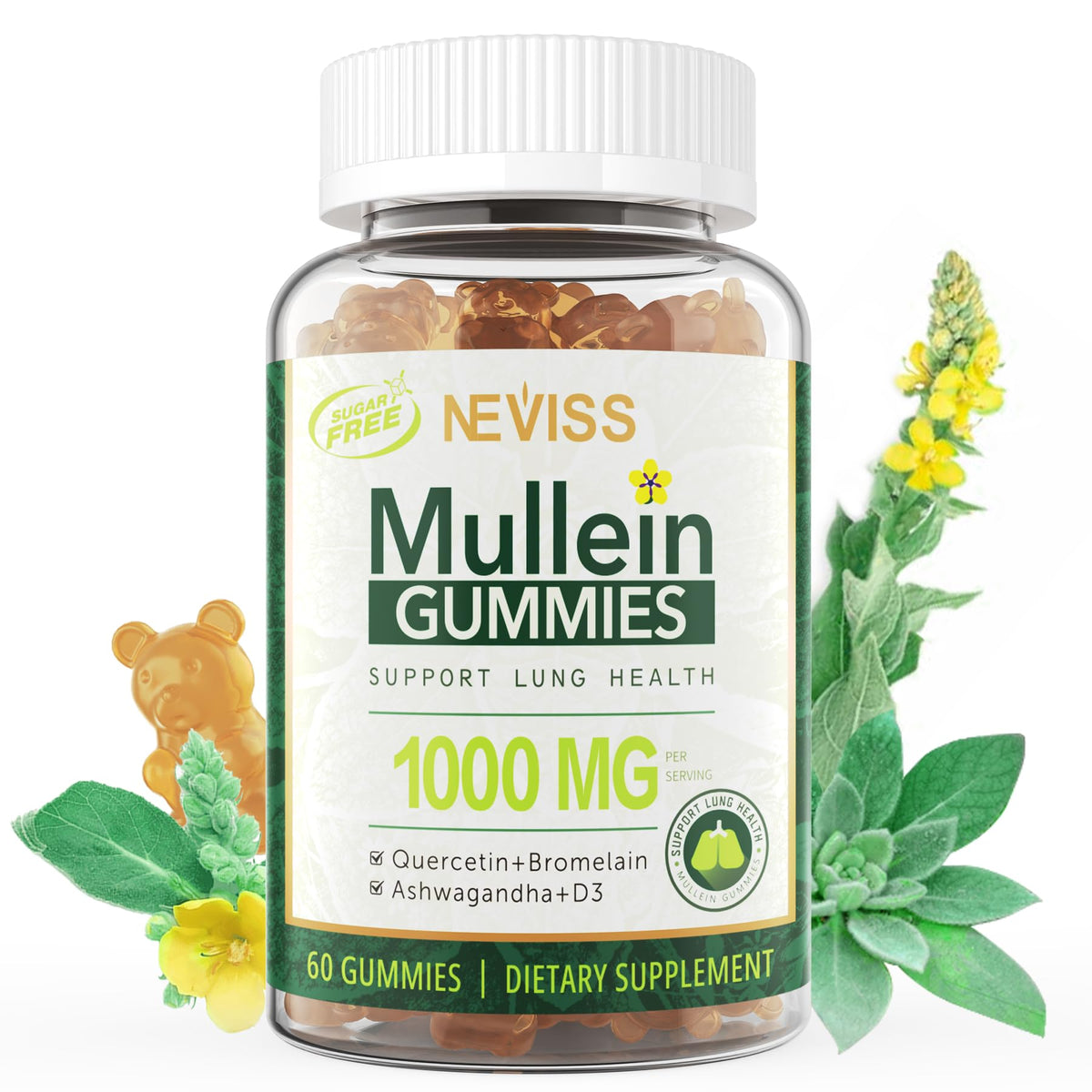 Pot de gummies de Mullein Bio NEVISS 1000mg, 60 gummies
