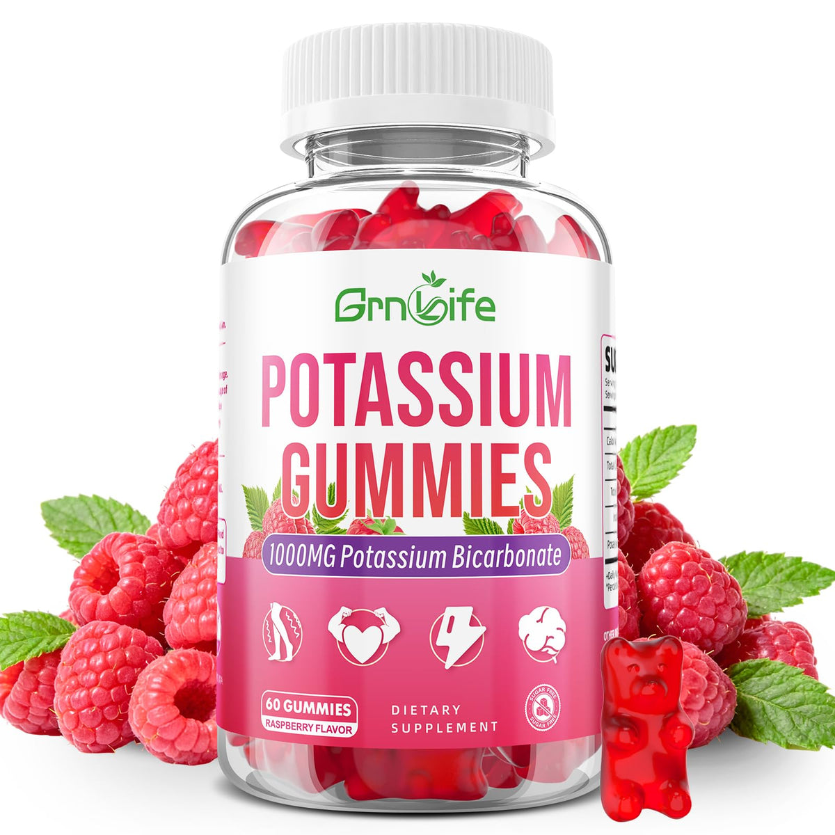 Pot de gummies de potassium GrnLife 1000mg, 60 gummies, goût framboise