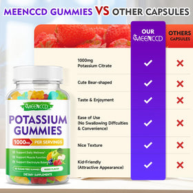 Pot de gummies de potassium MEENCCD sur une table en bois.