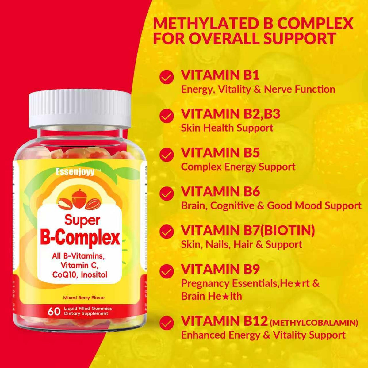 Pot de gummies de vitamines B ESSENJOYY ouvert