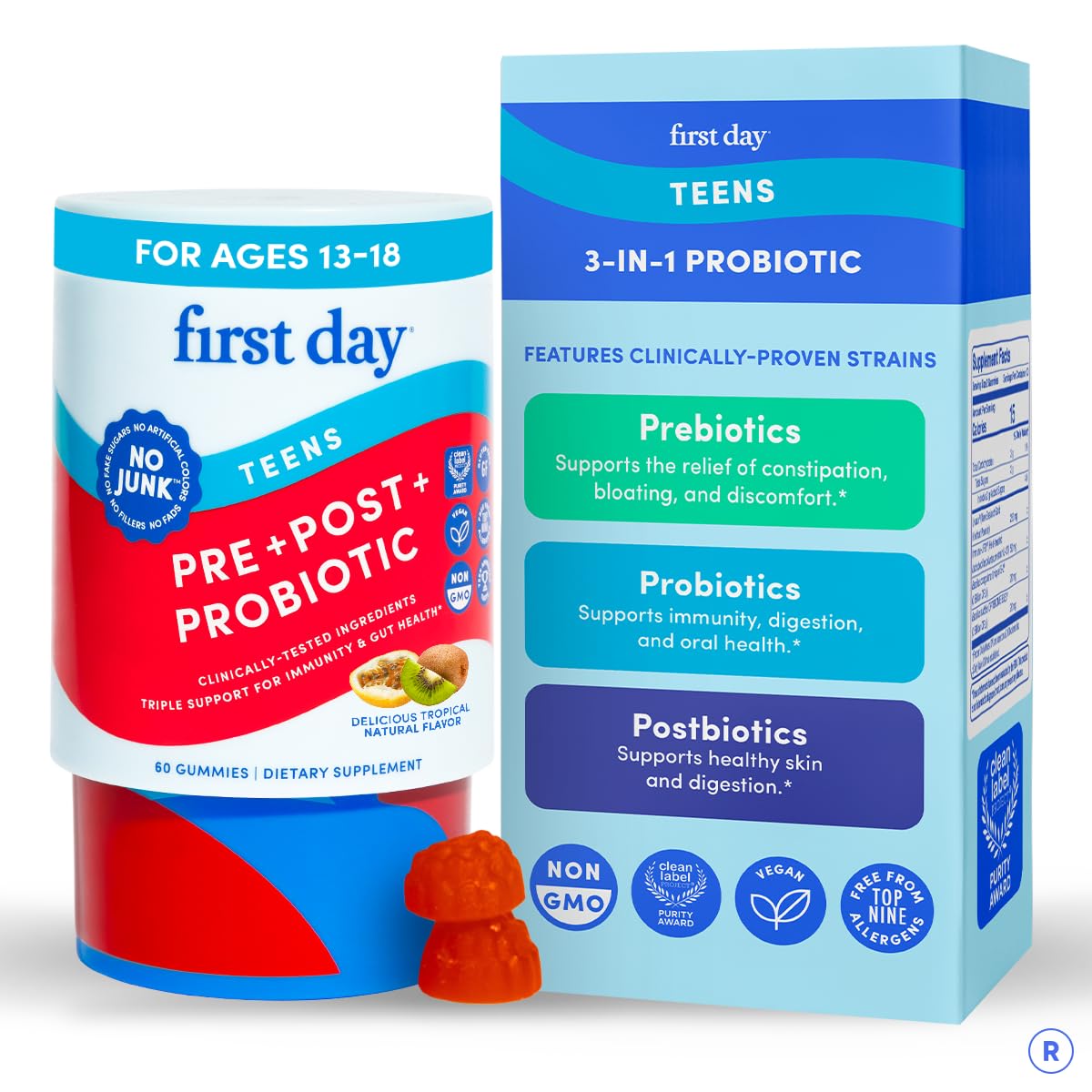 Pot de gummies FIRST DAY Probiotique 3-en-1 60ct vue de face