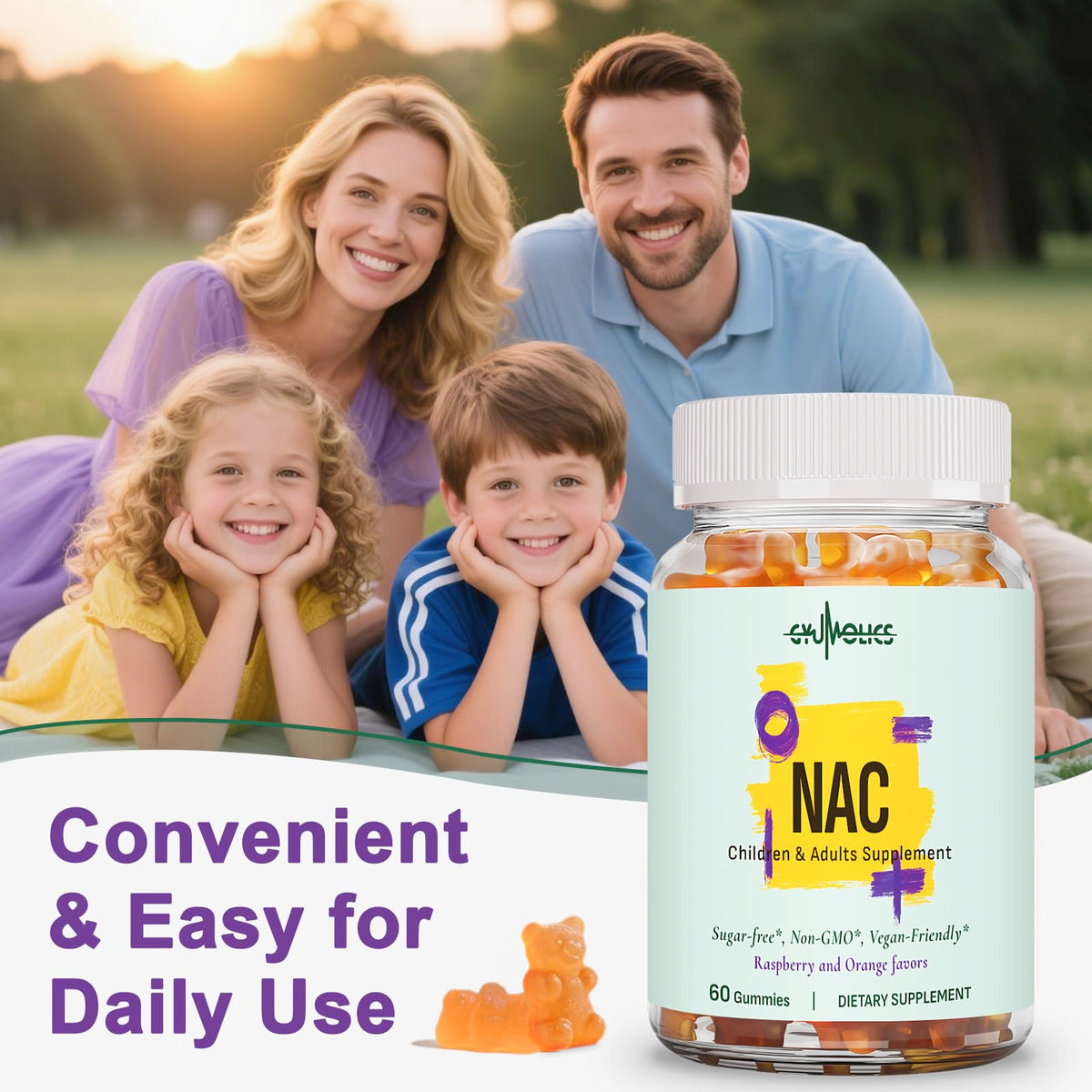 Pot de gummies Gyumolics NAC avec couvercle ouvert