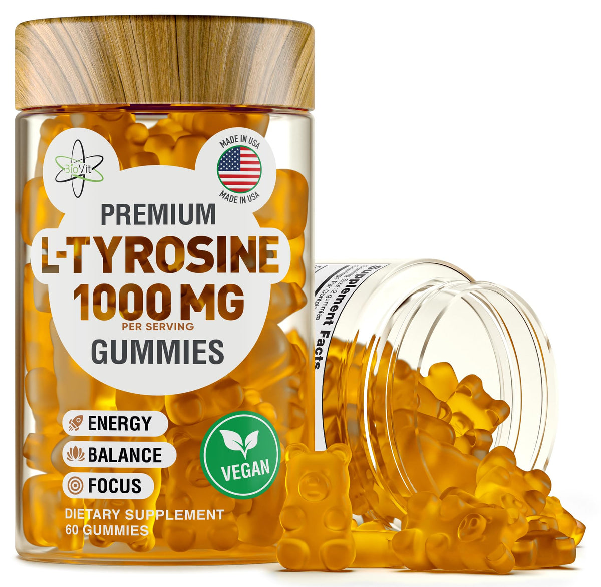 Pot de gummies L-Tyrosine BioVit avec 60 gummies végétaliens
