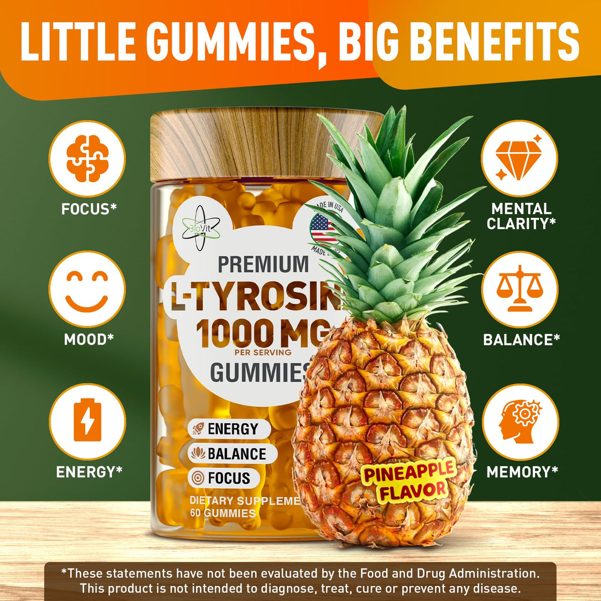 Pot de gummies L-Tyrosine BioVit ouvert avec quelques gummies à l'extérieur