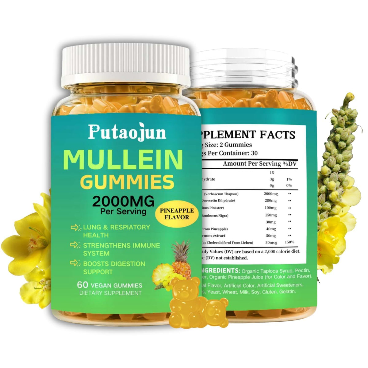 Pot de gummies Mullein Putaojun 2000MG 60ct vue de face