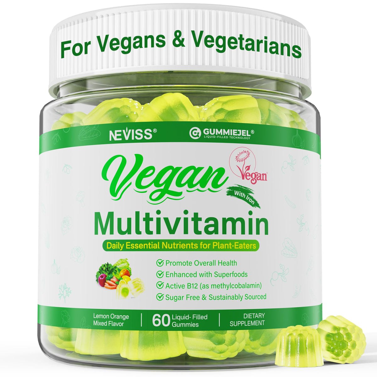 Pot de gummies multivitamines végétaliennes NEVISS 240g vue de face