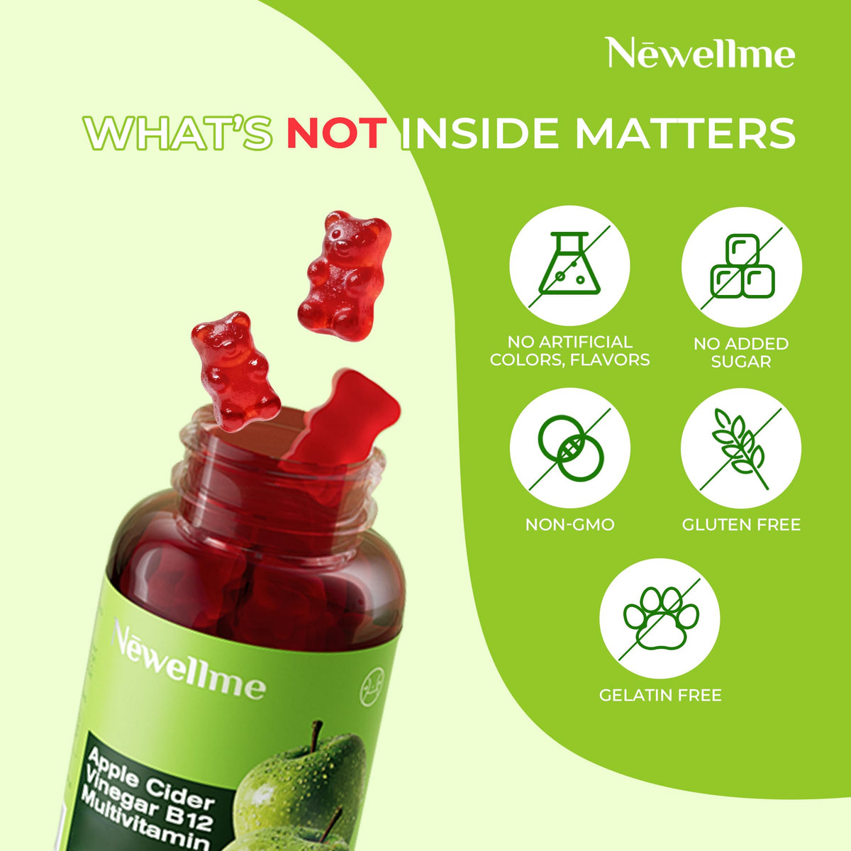Pot de gummies NEWELLME ACV avec Mère & B12 sur fond blanc
