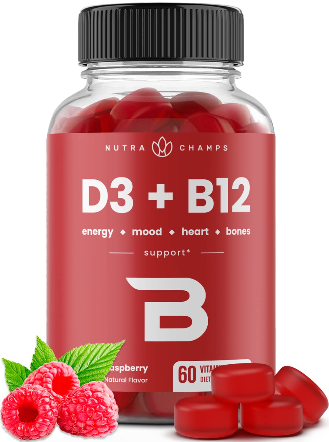 Pot de gummies NutraChamps Vitamines D3 et B12, 60 gummies framboise