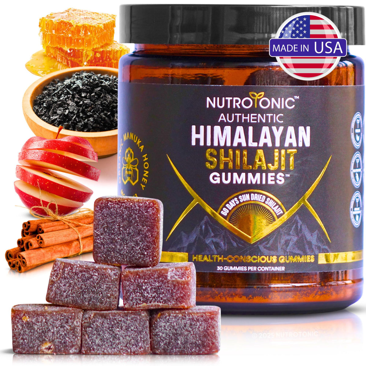 Pot de gummies NutroTonic Shilajit au goût pomme-cannelle, 30 unités