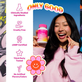 Pot de gummies Pink Stork avec étiquette et informations nutritionnelles