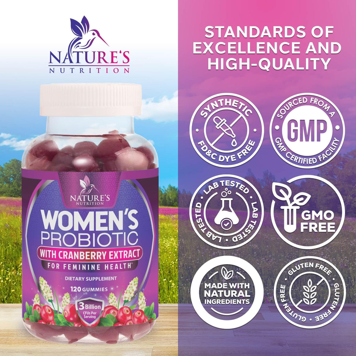 Pot de gummies probiotiques pour femmes Nature's Nutrition sur une table