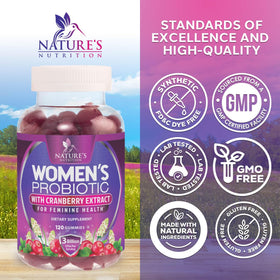 Pot de gummies probiotiques pour femmes Nature's Nutrition sur une table
