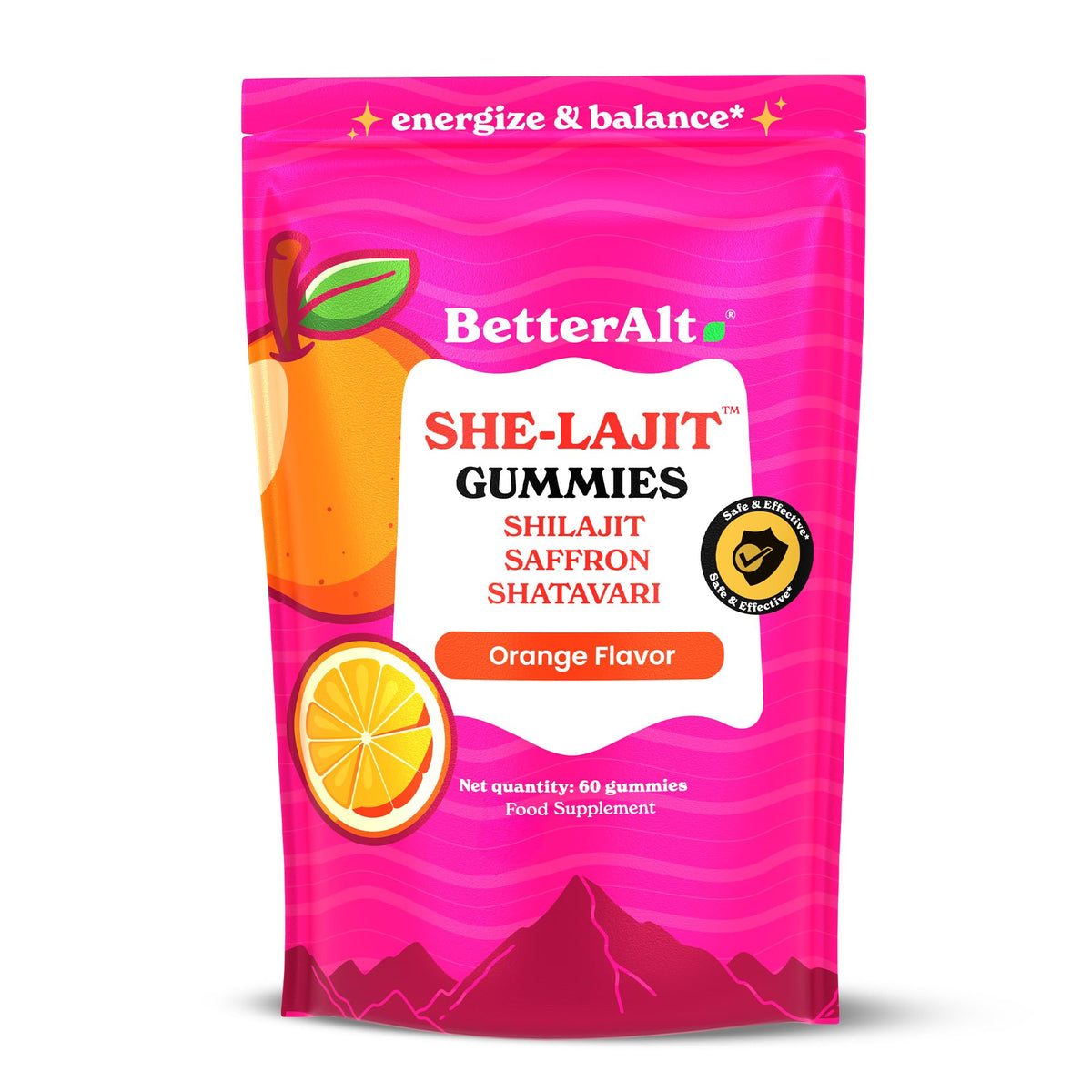 Pot de gummies SHE-Lajit Better Alt pour femmes, 60 gummies orange
