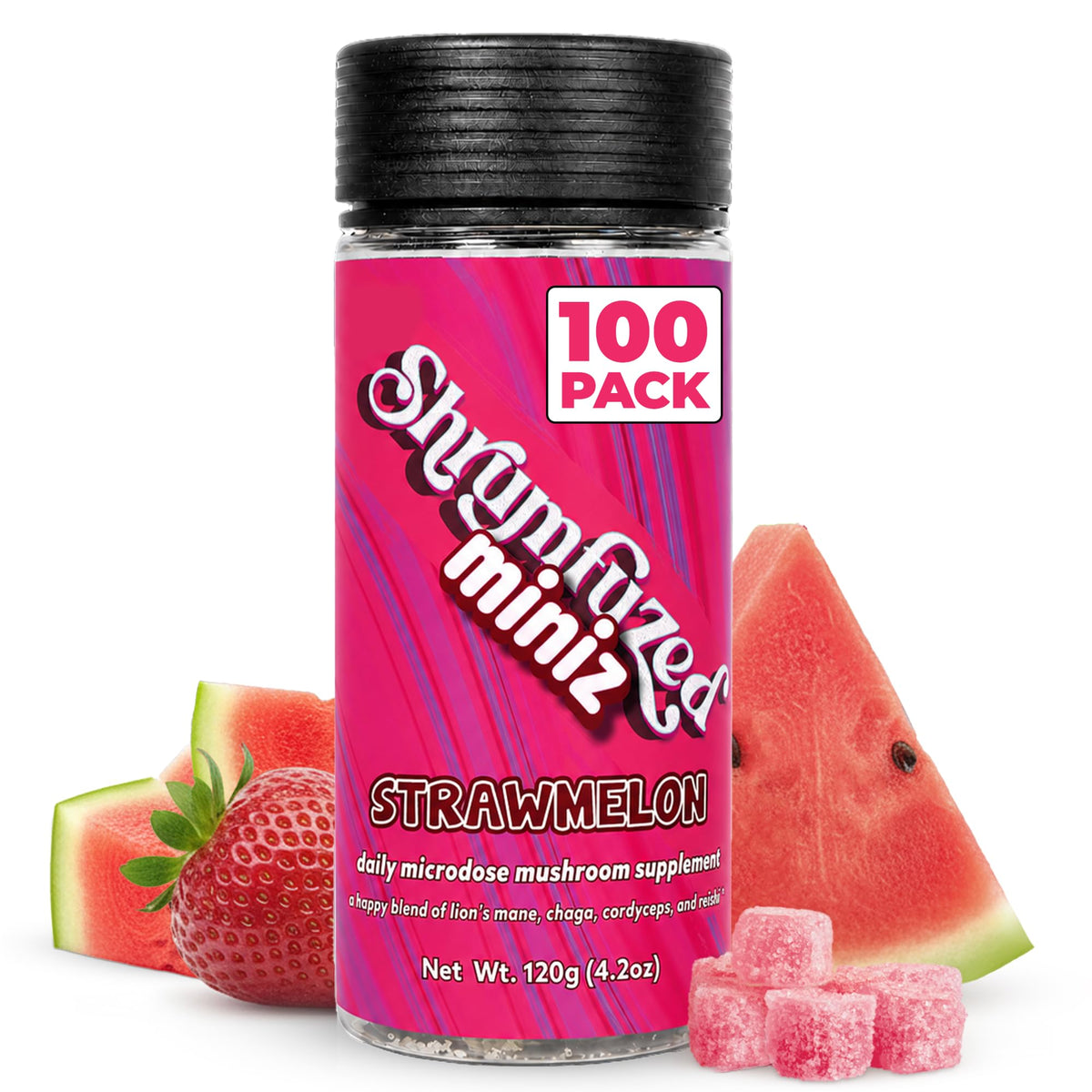 Pot de gummies Shrumfuzed Miniz aux champignons Strawmelon, 100 pièces