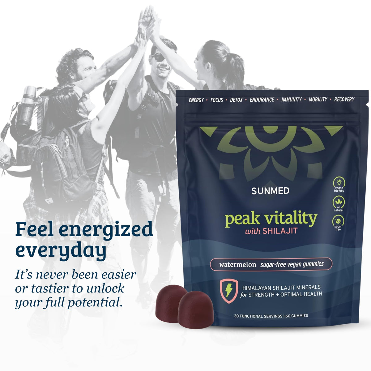 Pot de gummies SUNMED avec couvercle ouvert, vue de haut