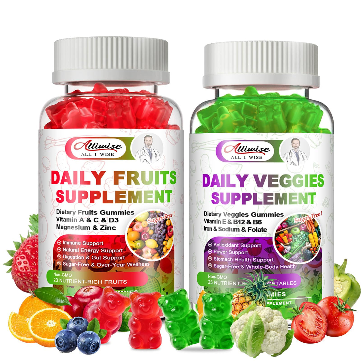 Pot de gummies végétaux et fruits Alliwise, 120 gummies