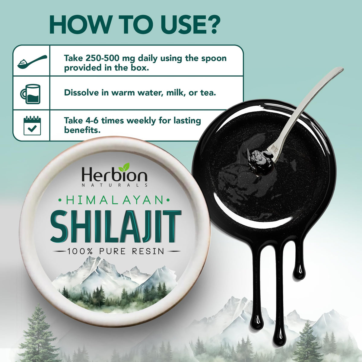 Pot de résine de Shilajit Himalayen HERBION ouvert avec cuillère