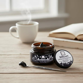 Pot de résine de Shilajit sur une table en bois