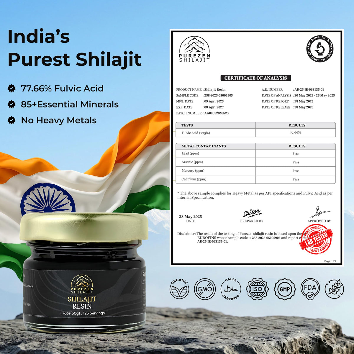 Pot de résine Purezen Shilajit avec étiquette visible