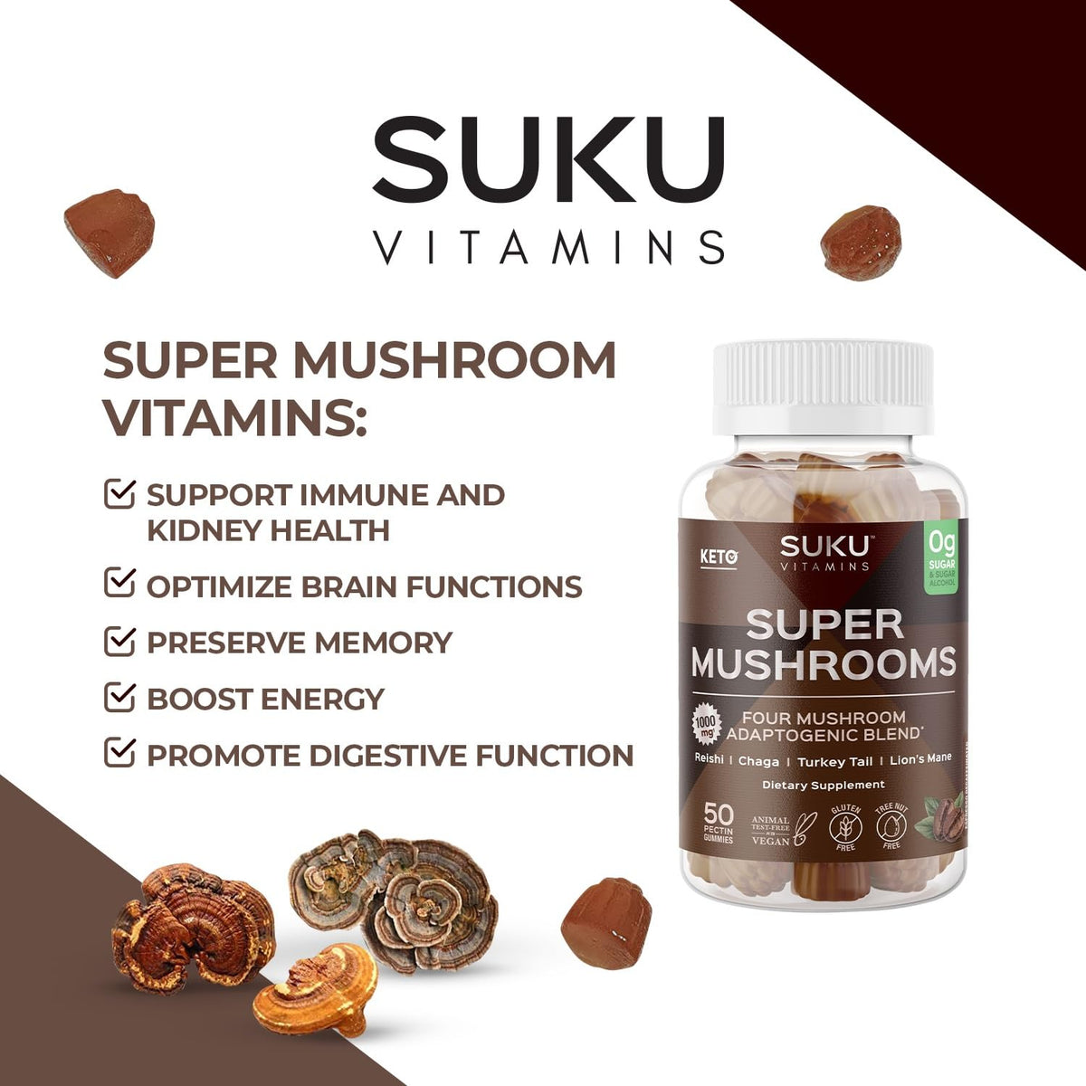 Pot de SUKU Super Mushroom Gummies ouvert avec gummies visibles