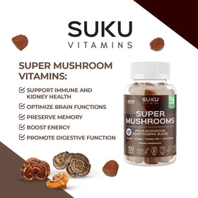 Pot de SUKU Super Mushroom Gummies ouvert avec gummies visibles