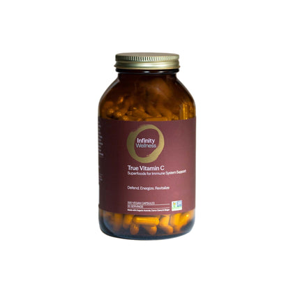 Pot en verre ambré de 30 capsules de vitamine C Infinity Greens