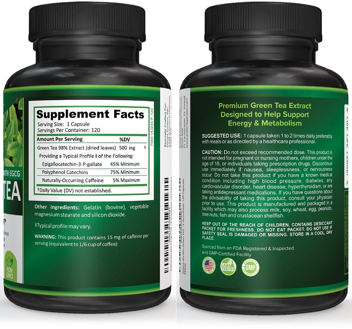 Potent Garden Extrait de Thé Vert 120 Capsules ouvertes