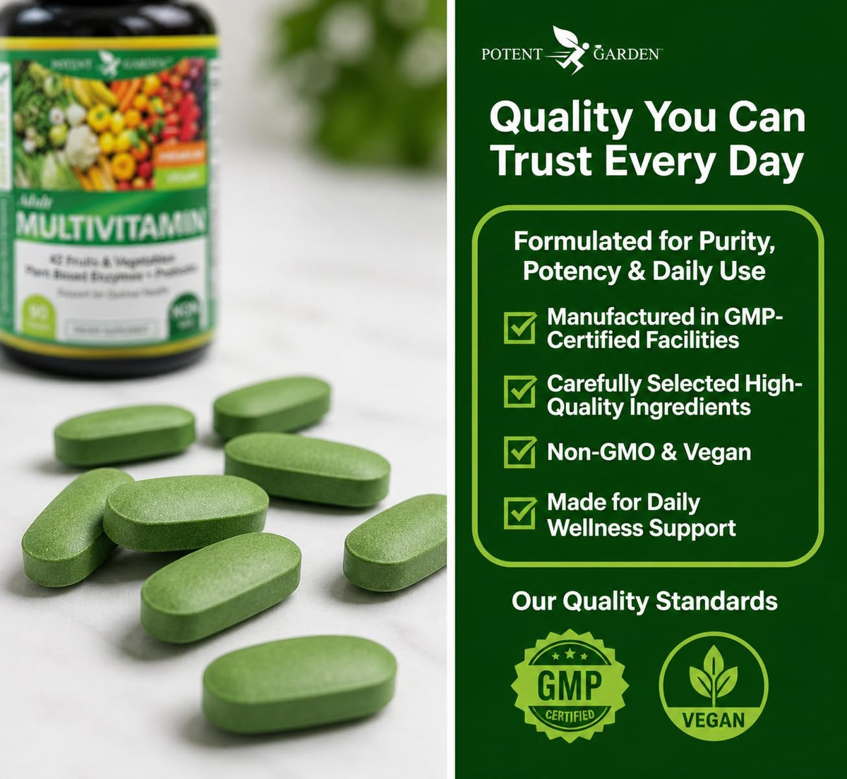 Potent Garden Multivitamines, comprimés dans une main
