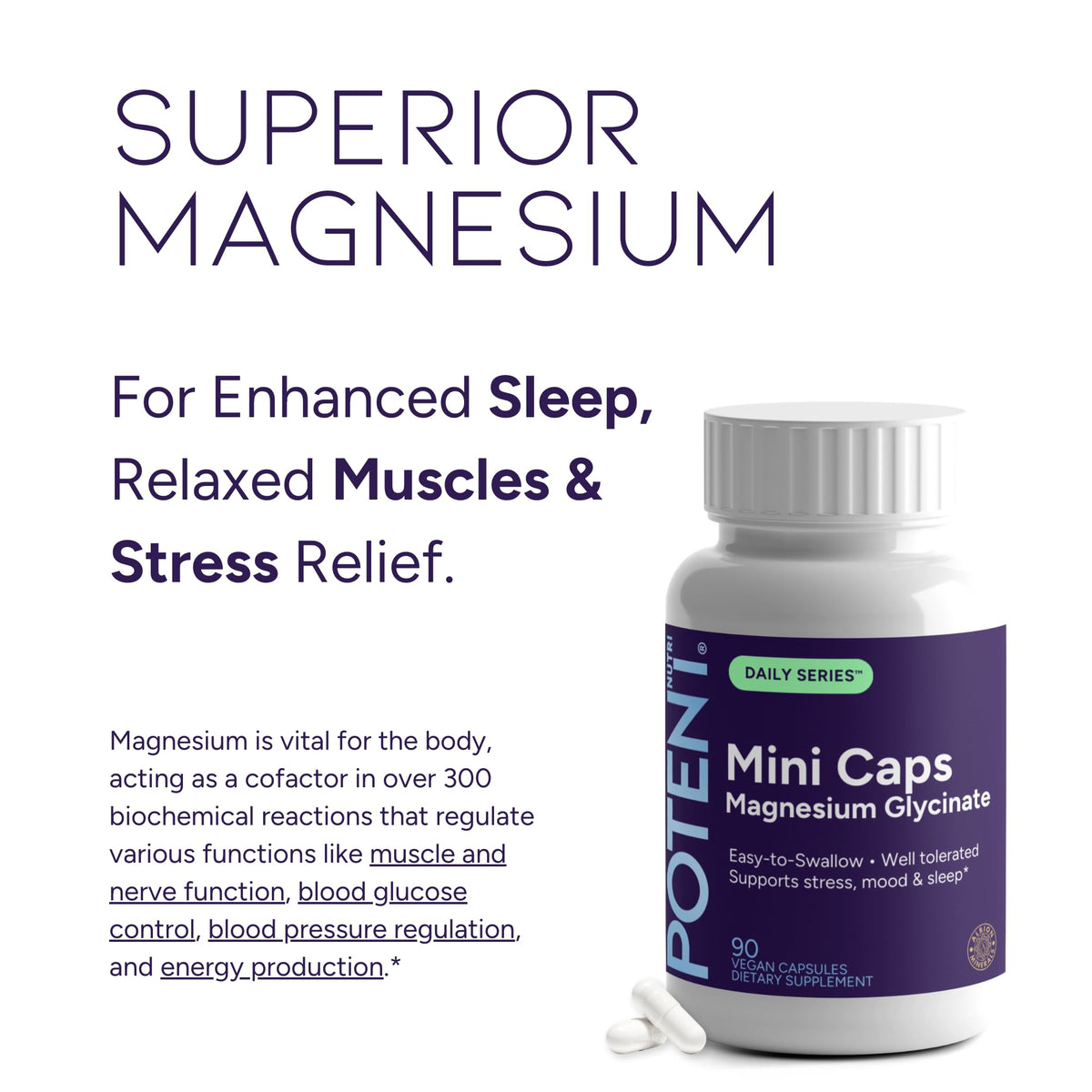 Potent Nutri capsules de magnésium bisglycinate avec une main tenant une capsule