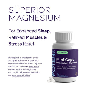 Potent Nutri capsules de magnésium bisglycinate avec une main tenant une capsule