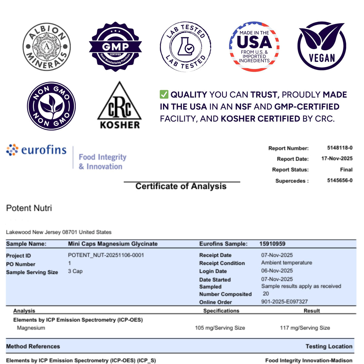 Potent Nutri capsules de magnésium bisglycinate sur une table en bois